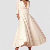 Laura | Dámské Midi Šaty A-Linie s Hlubokým V Výstřihem