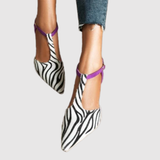Teodora - Sandály s otevřenou patou a zebrovým vzorem s fialovým podpatkem