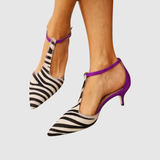 Teodora - Sandály s otevřenou patou a zebrovým vzorem s fialovým podpatkem