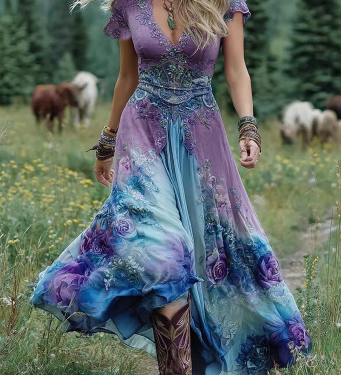 Serena™ | Krátké Maxi Šaty s Levandulovým Květinovým Vzorem a Elegantním Nádechem