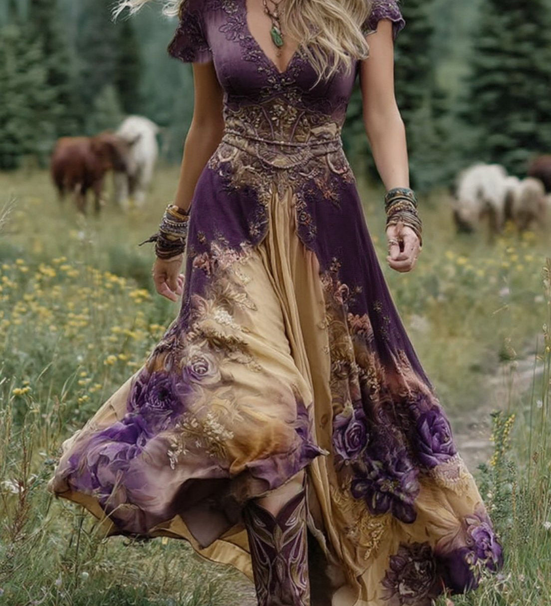 Serena™ | Krátké Maxi Šaty s Levandulovým Květinovým Vzorem a Elegantním Nádechem