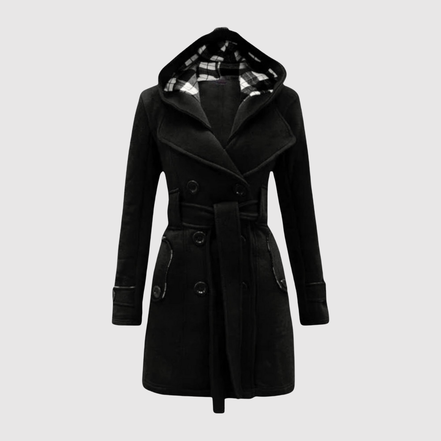 Jelena – Dlouhý kabát s páskem a kapucí" could be rewritten as "Jelena – Elegantní dlouhý kabát s páskem a kapucí.