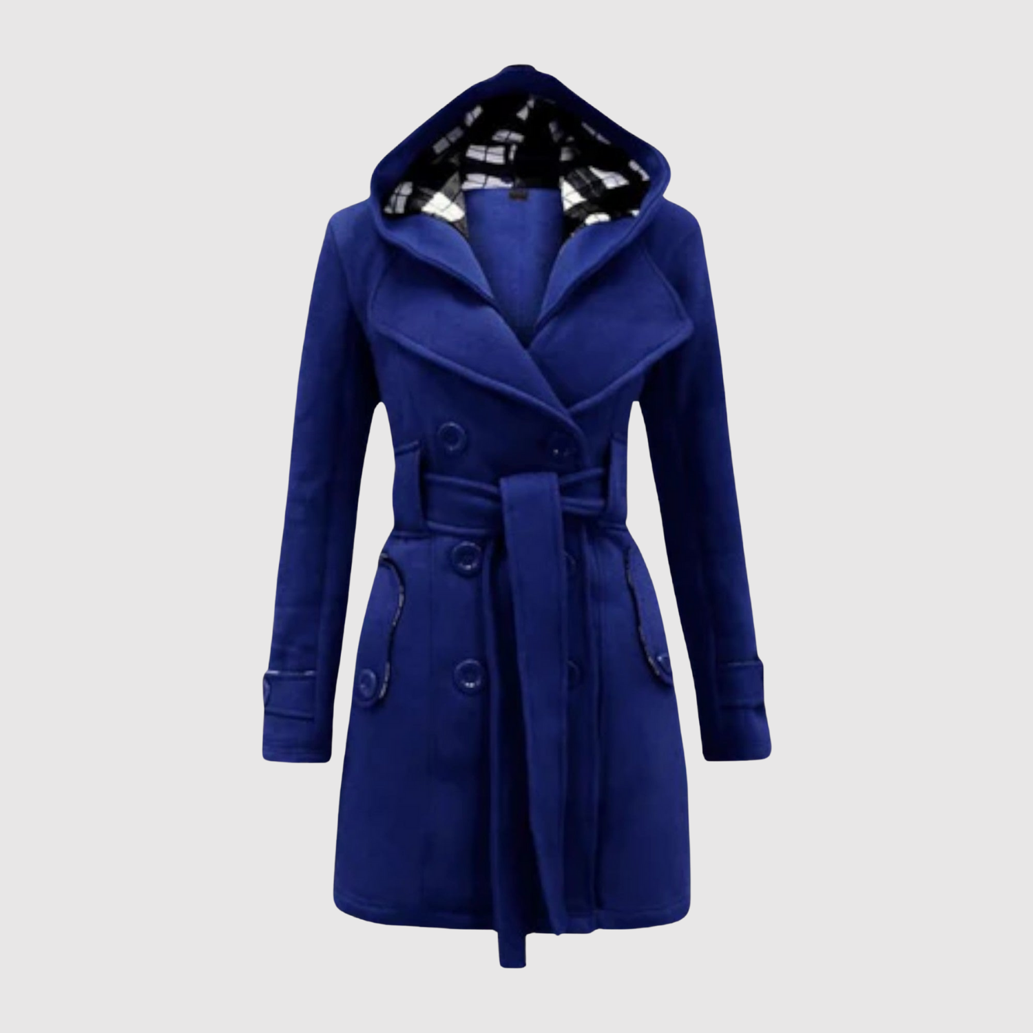 Jelena – Dlouhý kabát s páskem a kapucí" could be rewritten as "Jelena – Elegantní dlouhý kabát s páskem a kapucí.