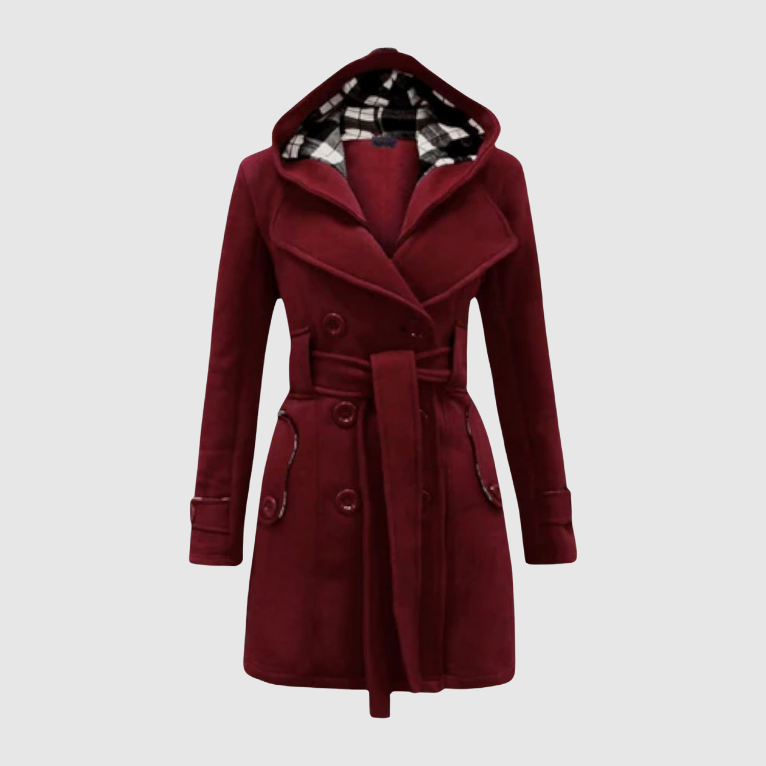 Jelena – Dlouhý kabát s páskem a kapucí" could be rewritten as "Jelena – Elegantní dlouhý kabát s páskem a kapucí.