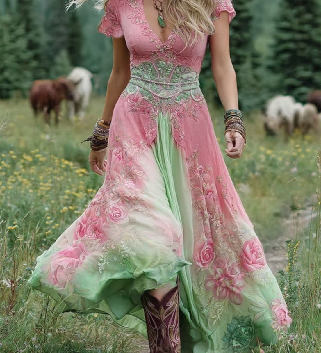 Serena™ | Krátké Maxi Šaty s Levandulovým Květinovým Vzorem a Elegantním Nádechem