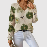 Nora – Svetr s Velkými Květinovými Vzory a V-čkovým Výstřihem