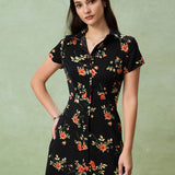 Glória | Černé midi šaty s květinovým potiskem