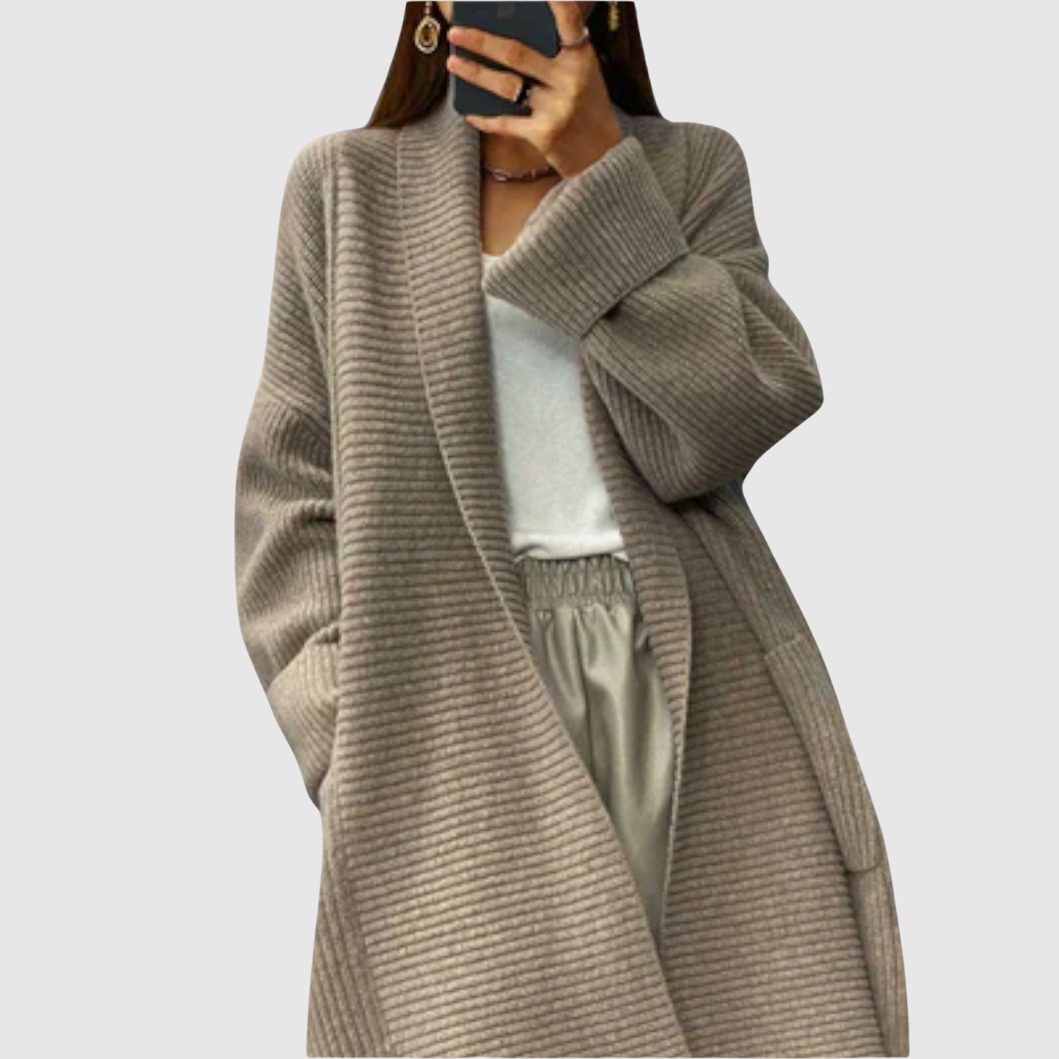 Jelena – Dlouhý pletený kardigan s hřejivými rukávy