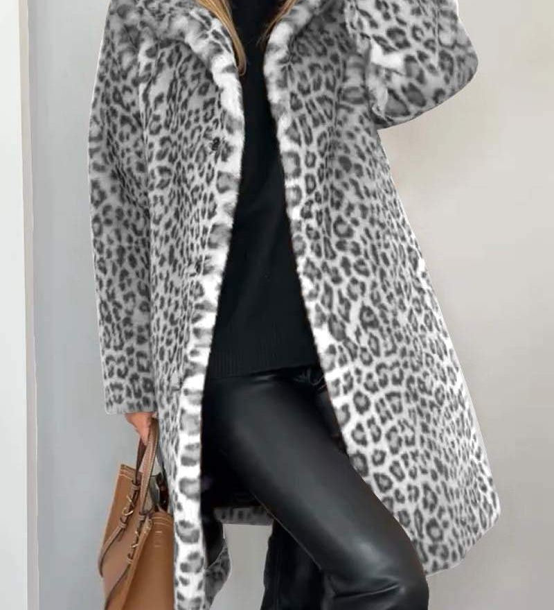 LEIA - Dlouhý Měkký Kabát s Leopardím Motifem