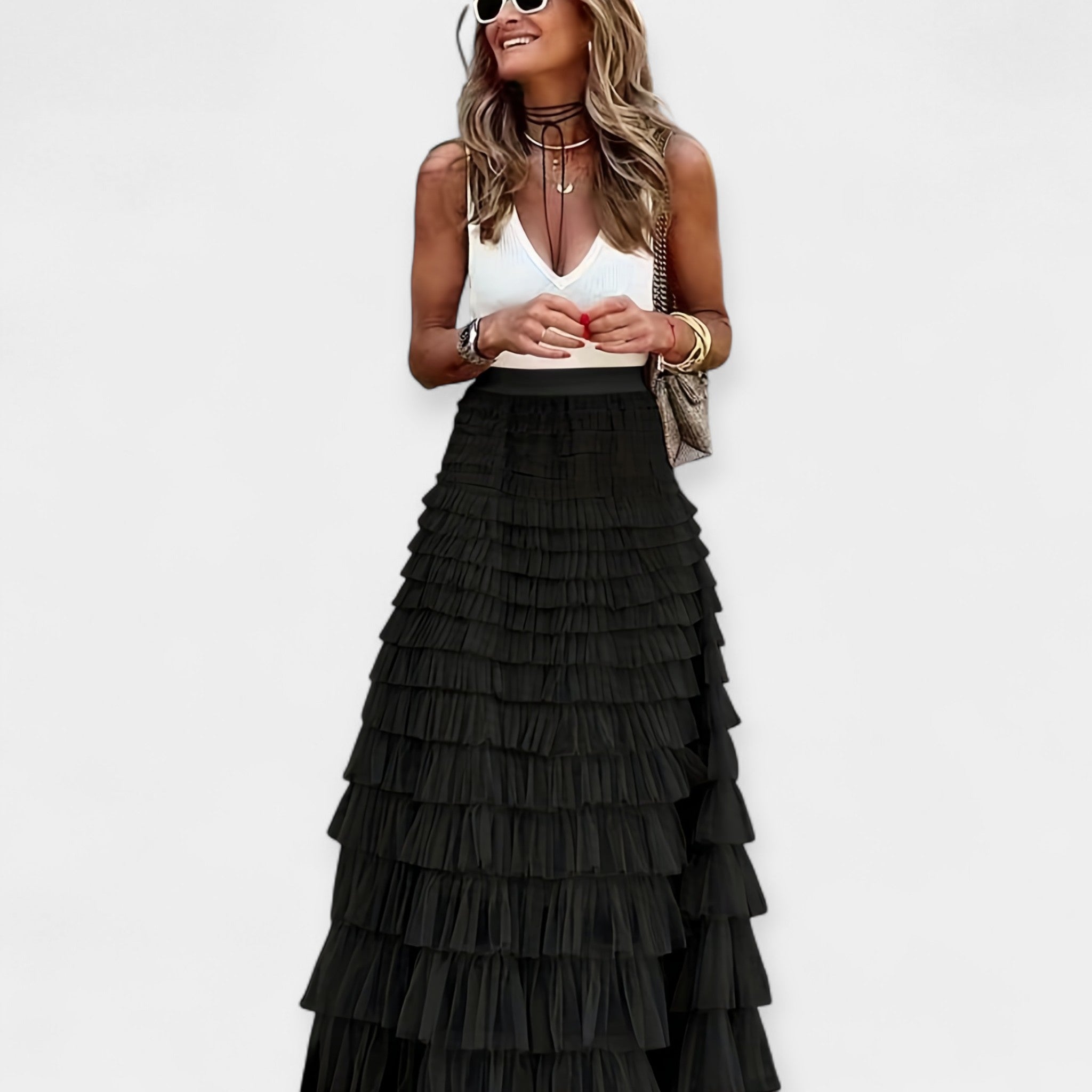 Boho Sukně s Saténovým Doplňkem z Otevřené Pleteniny