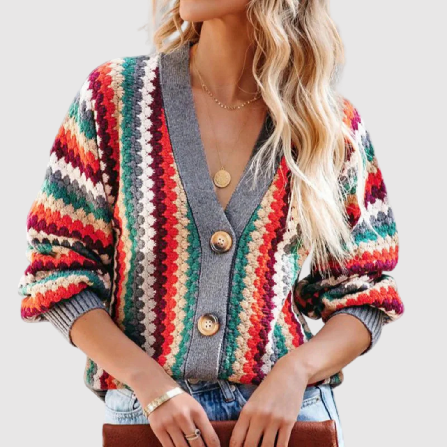 "Nora – Barevný pletený kardigan s knoflíky" could be rewritten as "Nora – Pestrý pletený kardigan s knoflíky".
