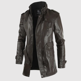 "Dorian – Dlouhá kožená bunda s vysokým límcem" can be rewritten as "Dorian – Dlouhá kožená bunda s elegantním vysokým límcem".