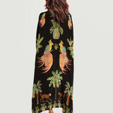 Alessandra | Dlouhé šaty s černým a růžovým arary potiskem