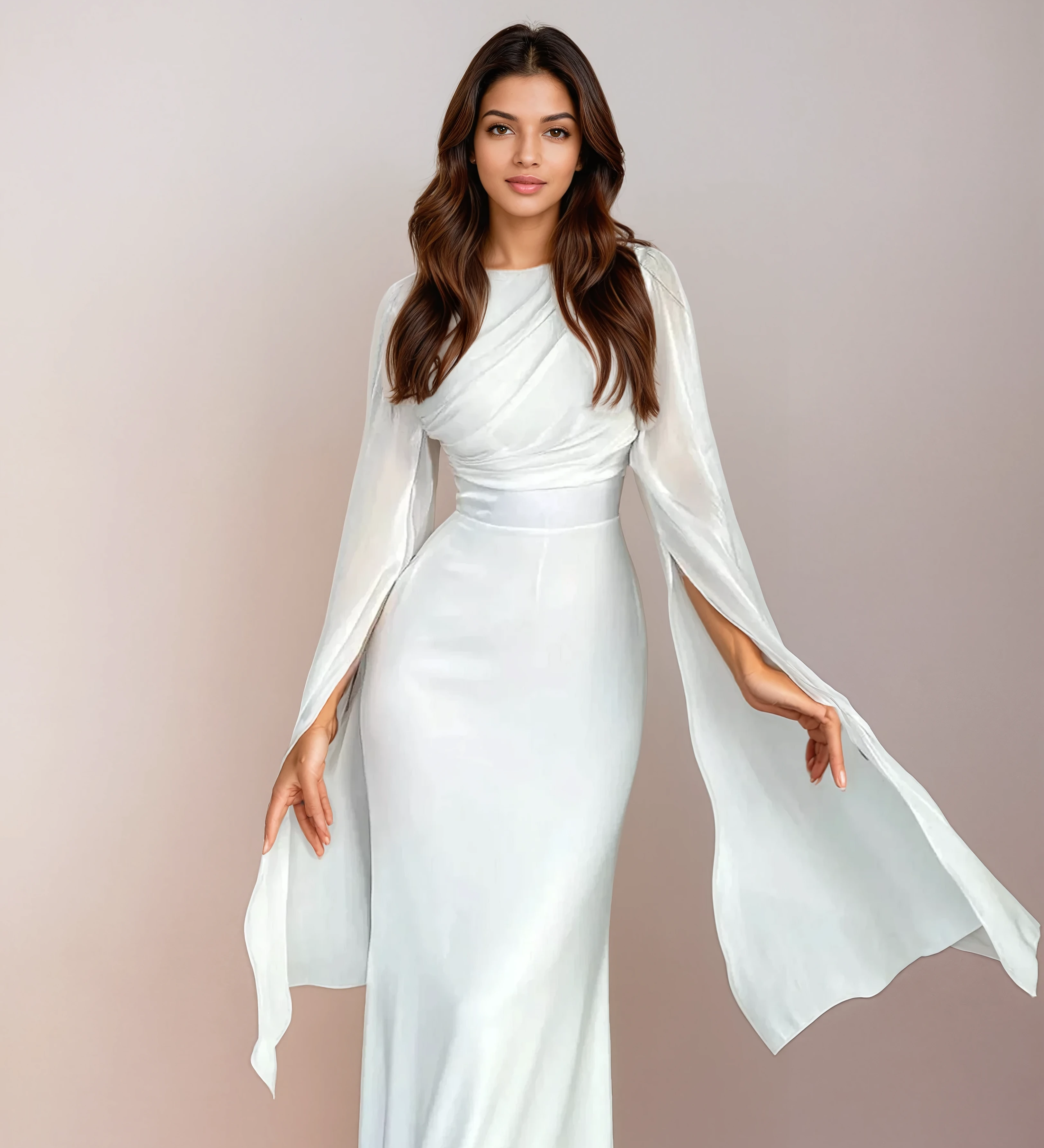 Isabela | Dlouhé saténové šaty s otevřenými rukávy v elegantním stylu