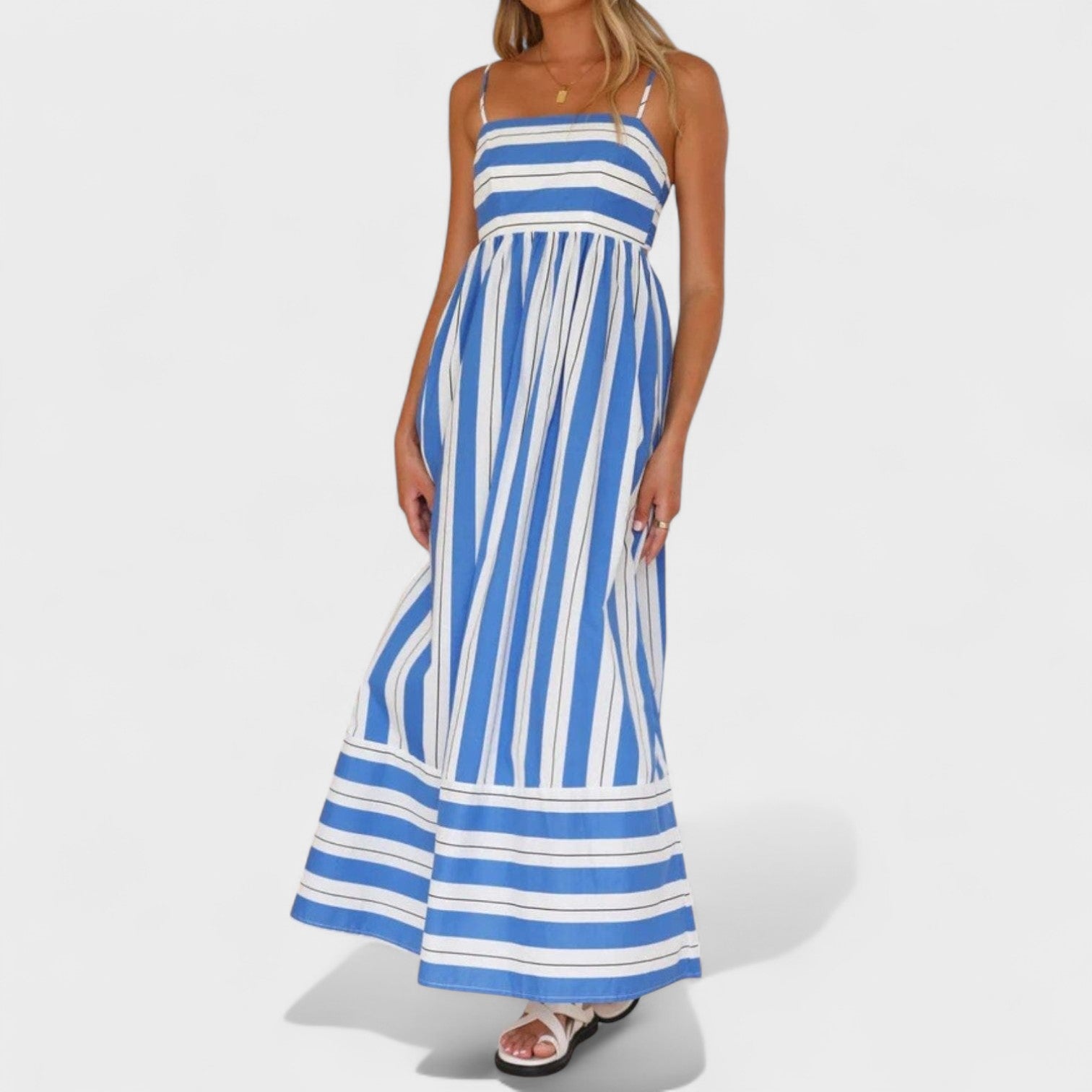 Isabel - Dlouhé pruhované šaty s elegantním designem