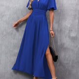 Eterna | Stylové černé maxi šaty s V-výstřihem, volnými rukávy a rozparkem