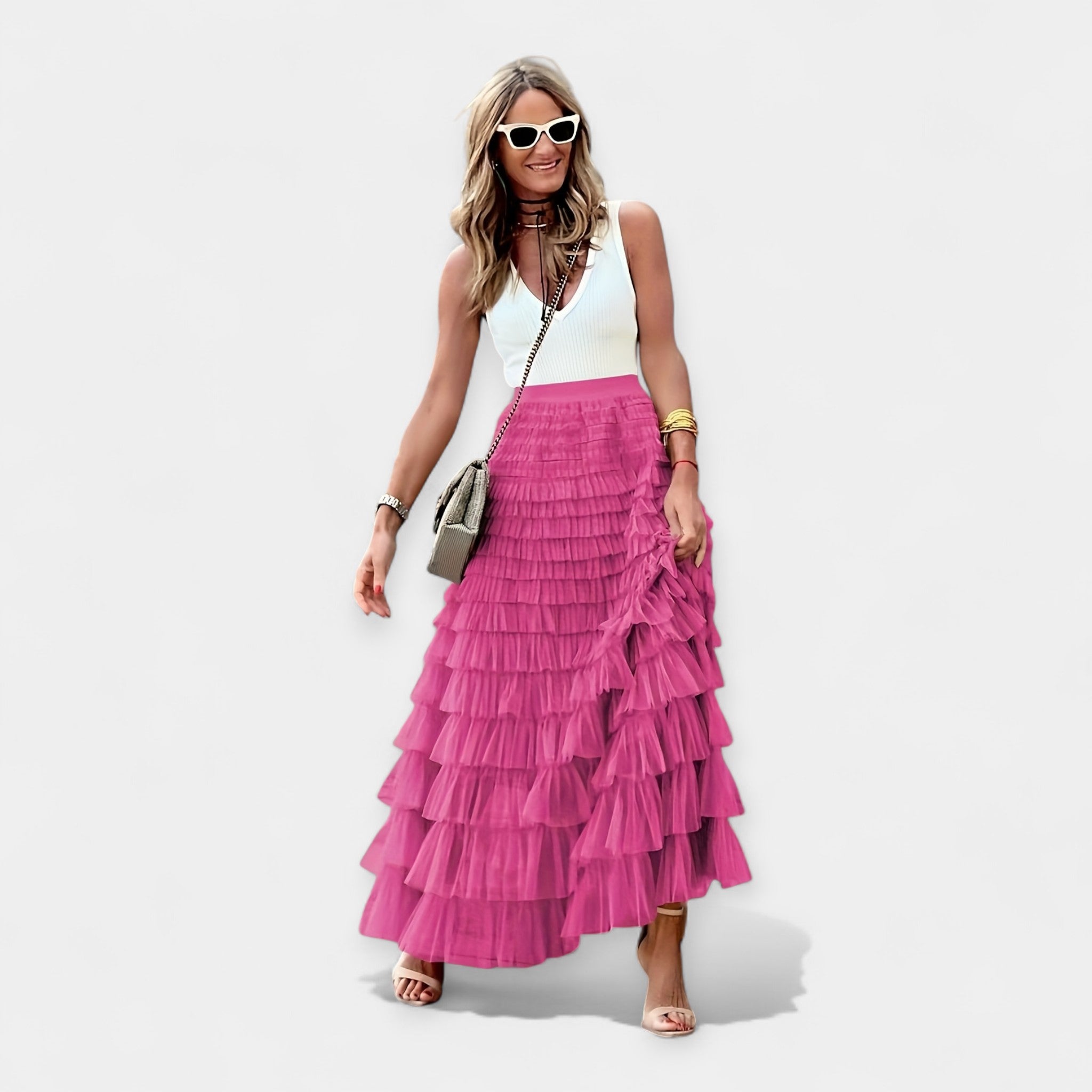 Boho Sukně s Saténovým Doplňkem z Otevřené Pleteniny