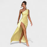 Ariel - Asymmetrical Satin Dress in Lemon
