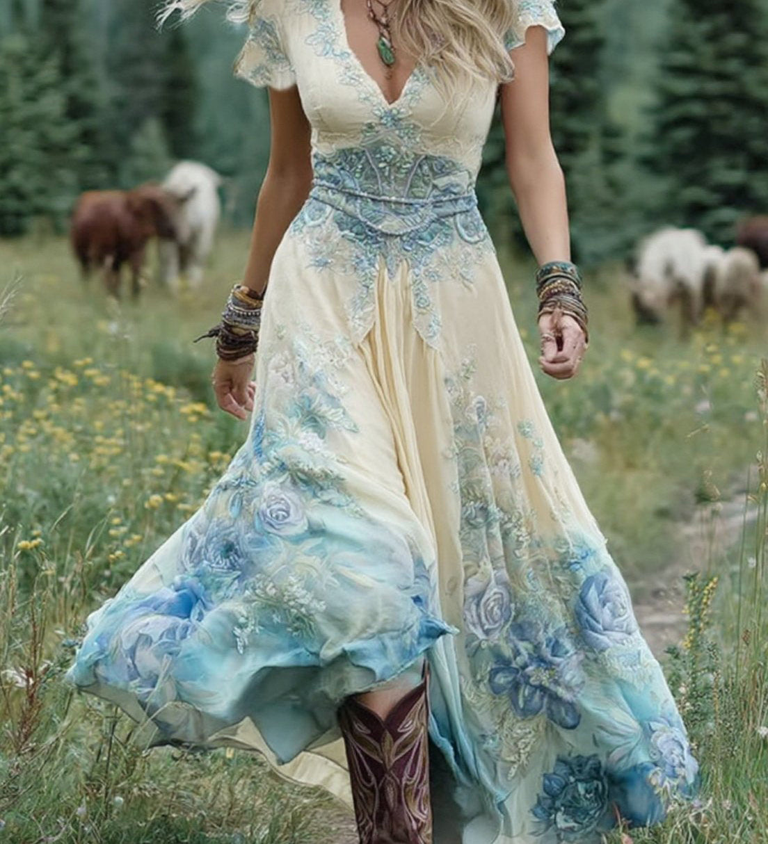 Serena™ | Krátké Maxi Šaty s Levandulovým Květinovým Vzorem a Elegantním Nádechem