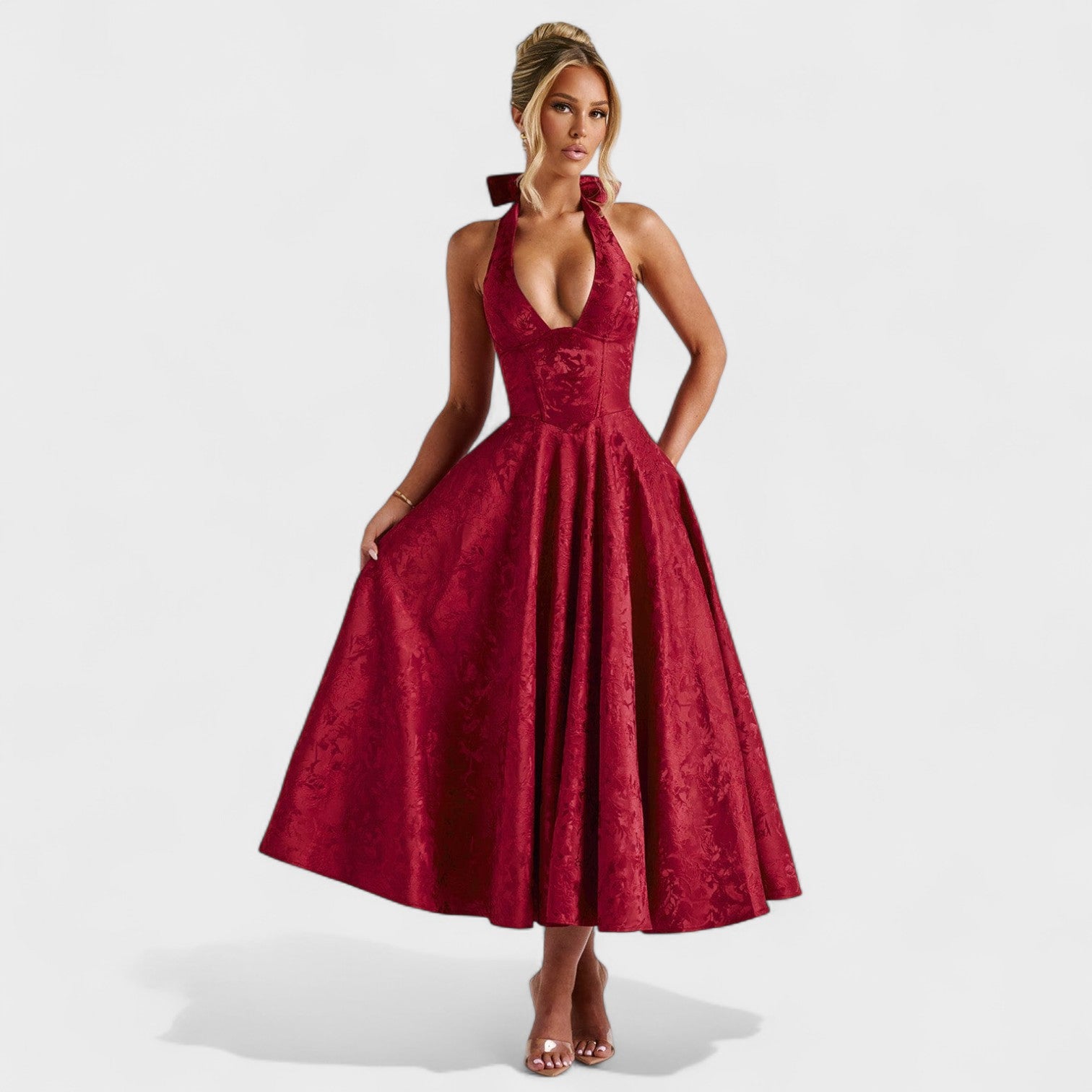 Effie - Midi šaty s texturou a výstřihem do V