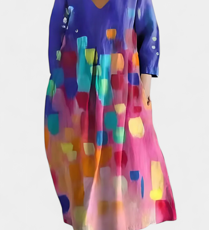 Anne | Elegantní šaty s V výstřihem a barevným potiskem