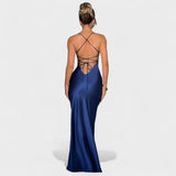 Elena - Křížové saténové šaty v odstínu půlnoční modři