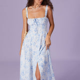 Renata | Modré midi šaty s květinovým vzorem, čtvercovým výstřihem a nařasením