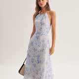 Clarice | Modré květinové midi šaty s halter výstřihem