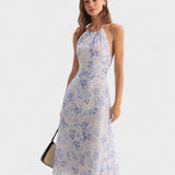Clarice | Modré květinové midi šaty s halter výstřihem