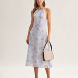 Clarice | Modré květinové midi šaty s halter výstřihem