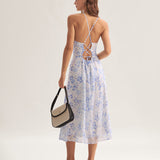 Clarice | Modré květinové midi šaty s halter výstřihem