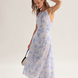 Clarice | Modré květinové midi šaty s halter výstřihem