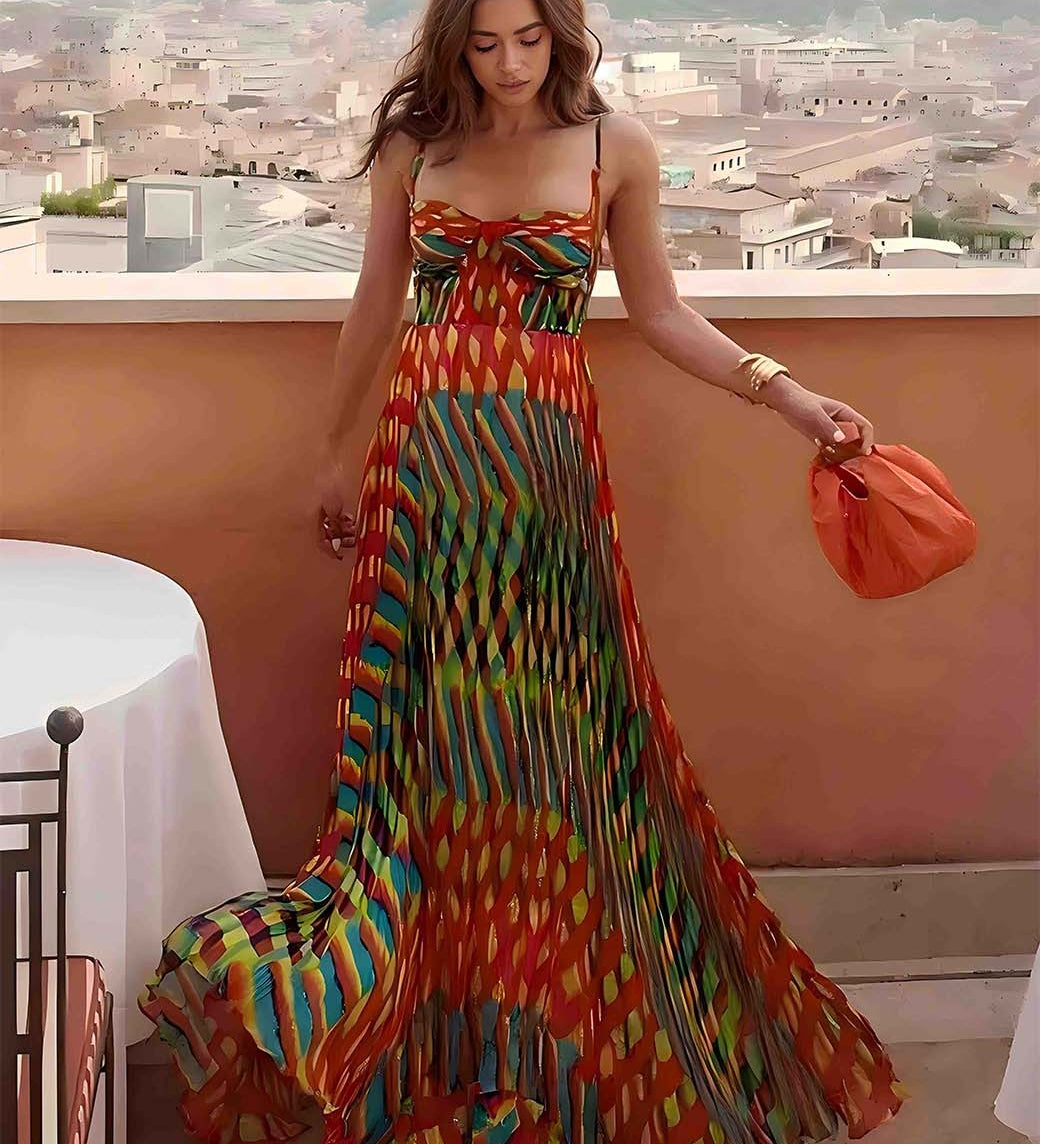 Aria | Maxi šaty bez rukávů s abstraktním potiskem a A-line střihem